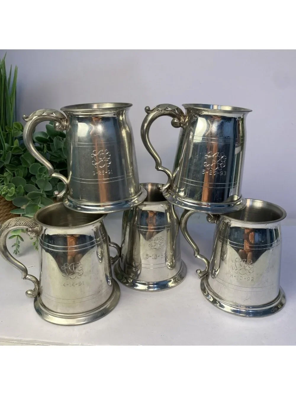 Set Of 5 Vintage Sheffield English Pewter Glass Bottom Tankard Mugs Monogrammed